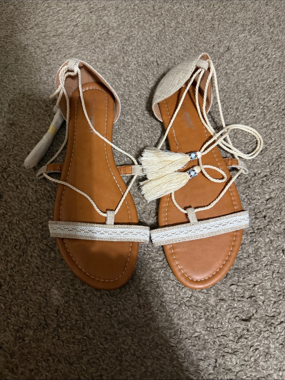 Pinky Beige Lace-Up Tassel Flat Sandals